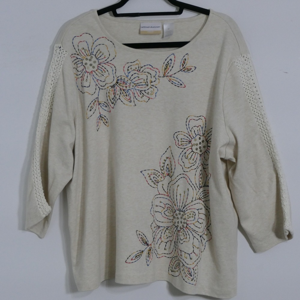 Alfred Dunner Womens Top 2X Beige Floral Embroidered Crochet‎ Sleeve Grandmacore